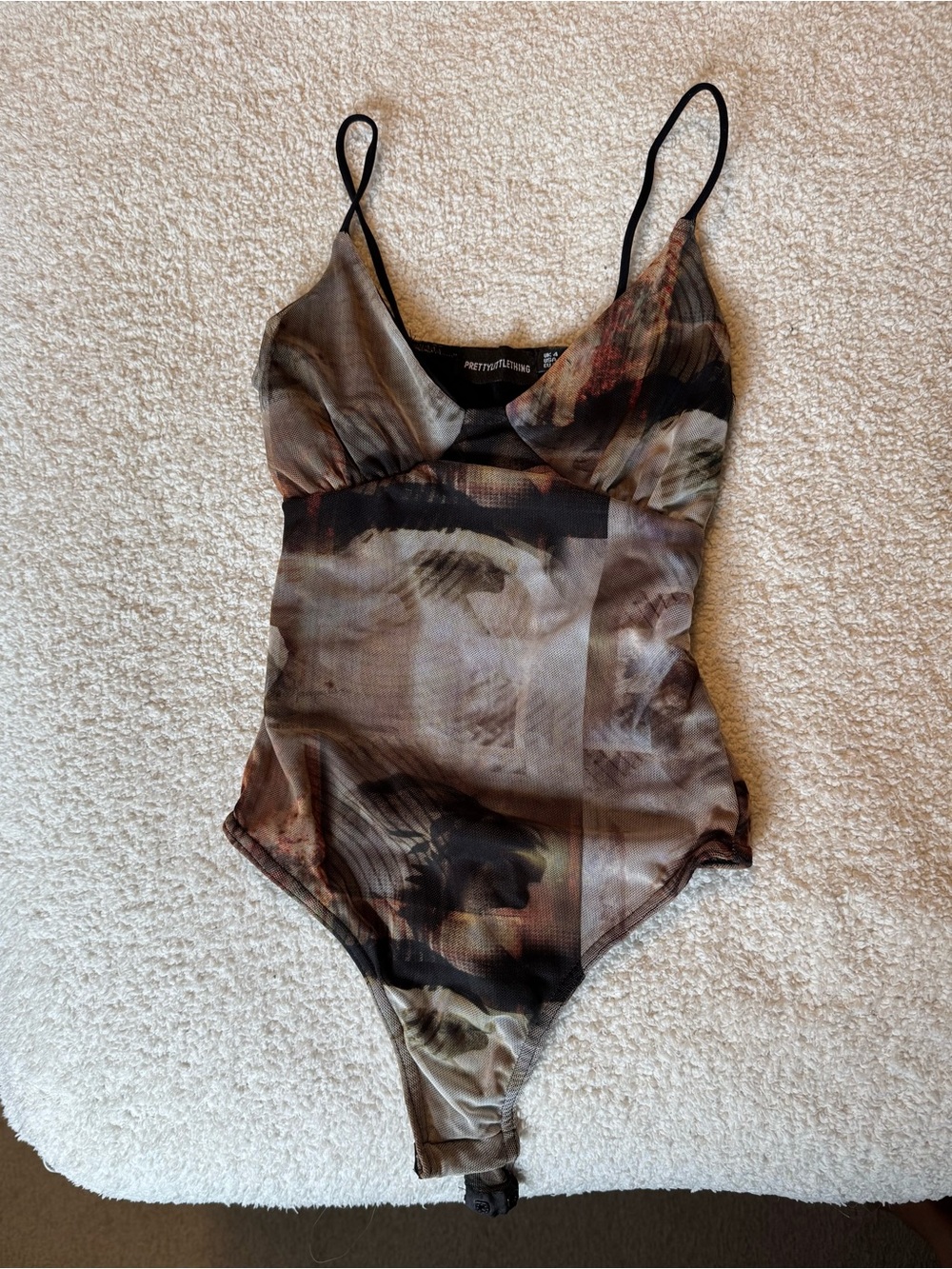 PrettyLittleThing Brown and Black Mesh Printed Bodysuit